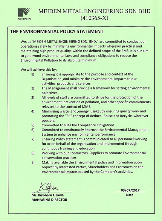 EMS & QMS Policy About Us MEIDEN METAL ENGINEERING SDN. BHD